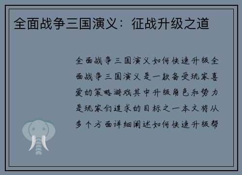 全面战争三国演义：征战升级之道